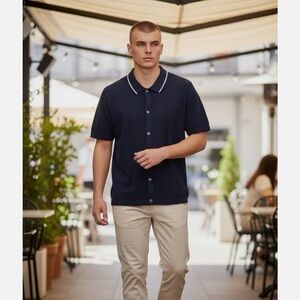 J. McLaughlin NWT men’s Dugan button down cotton polo style navy sweater, M,